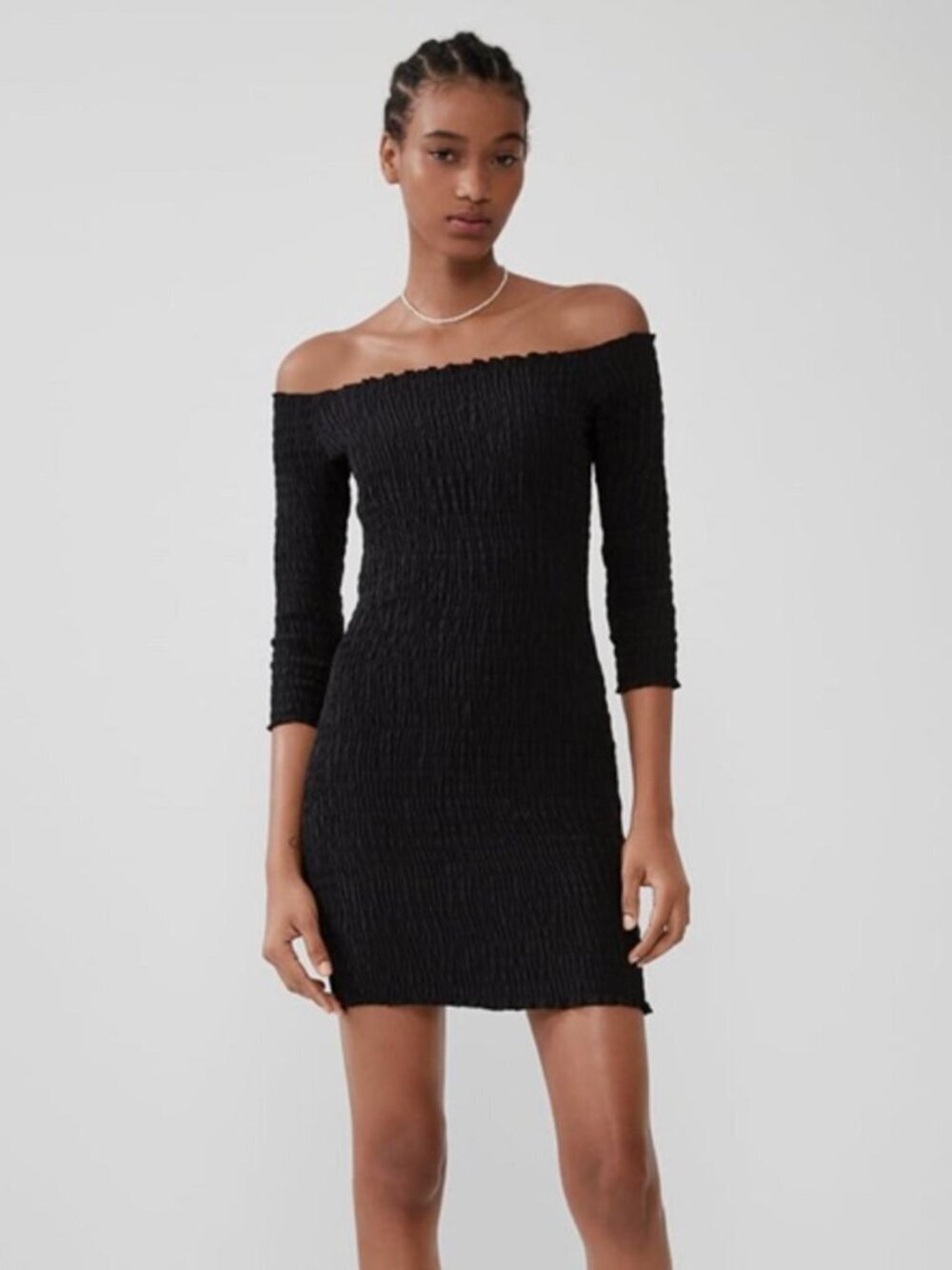 Zara Off Shoulder Smocked Black Crepe Dress